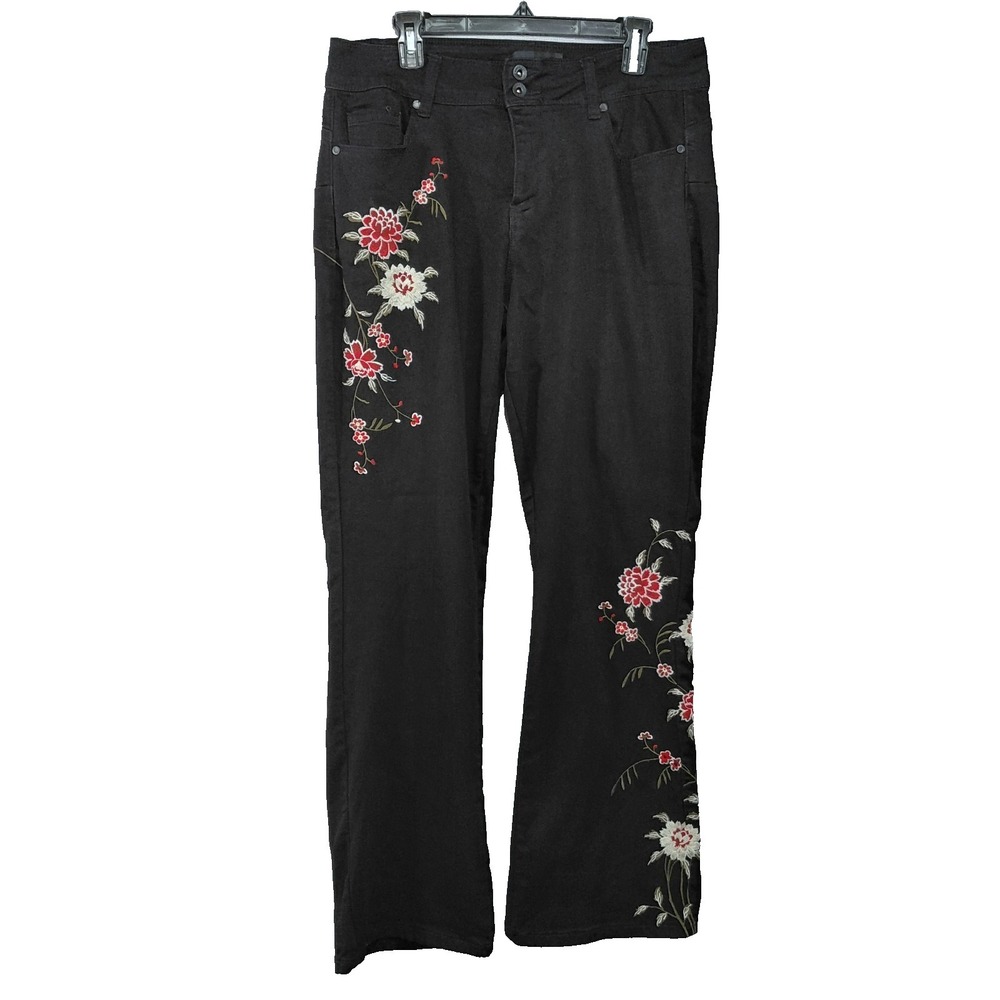 Sandpiper Floral Embroidered Flare Pants Women's 16W Black High Rise Stretch